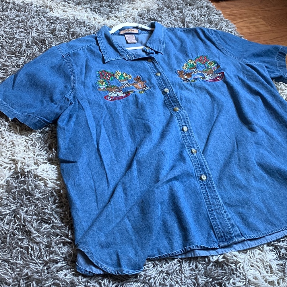 Vintage denim button down with cat embroidery 22W/24W